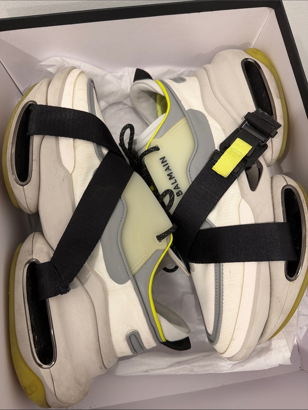 Balmain White Gray Sneakers with Neon Yellow Trim